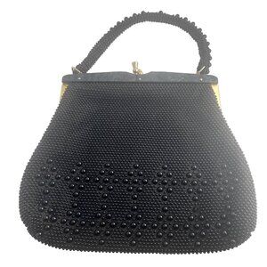 Vintage Black Beaded Evening Handbag‎ Purse Made in Hong Kong 11 x 9 inches